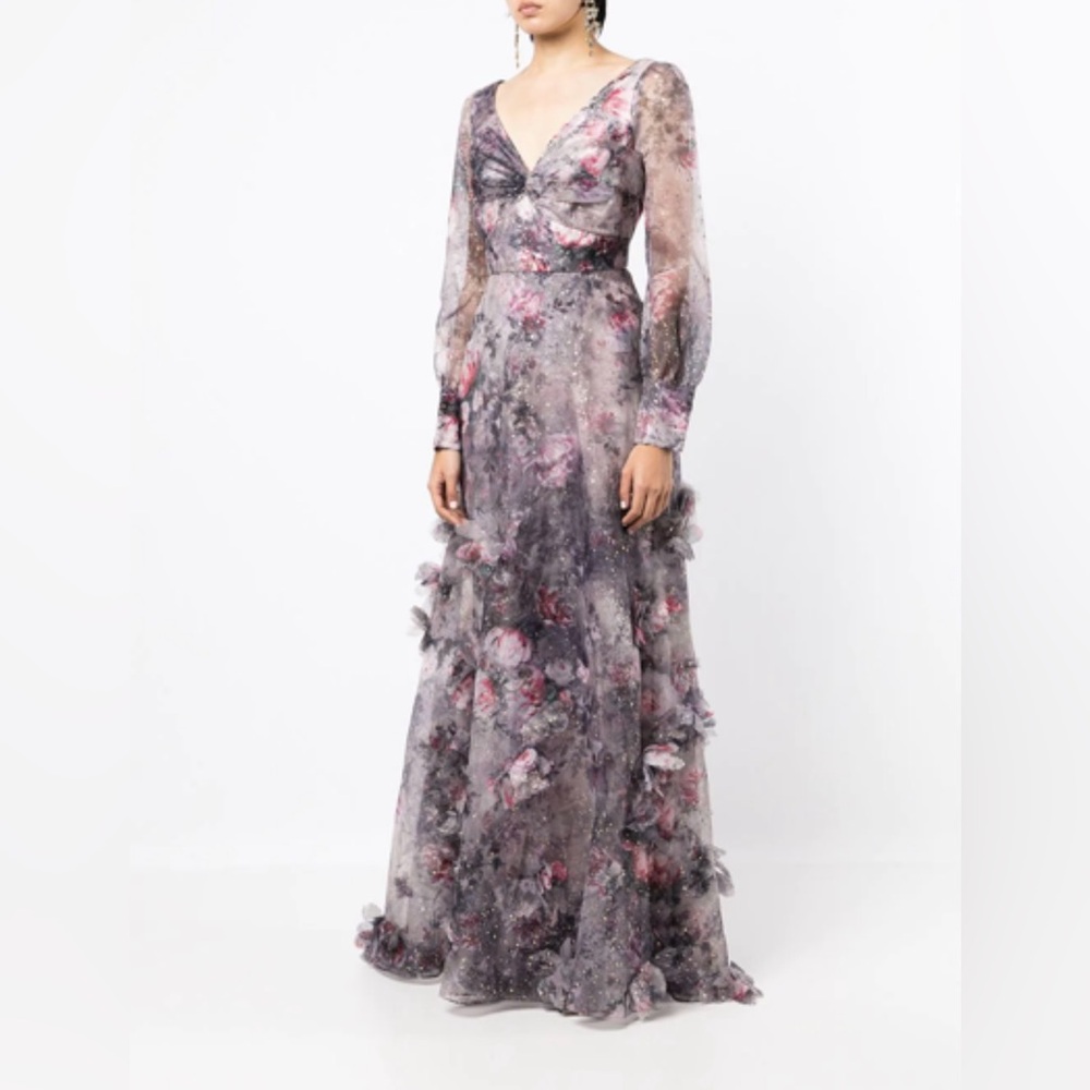 Marchesa Notte NEW Blouson Sleeve Foiled Floral Appliquéd 3D Organza Gown Sz 10 - Picture 5 of 16